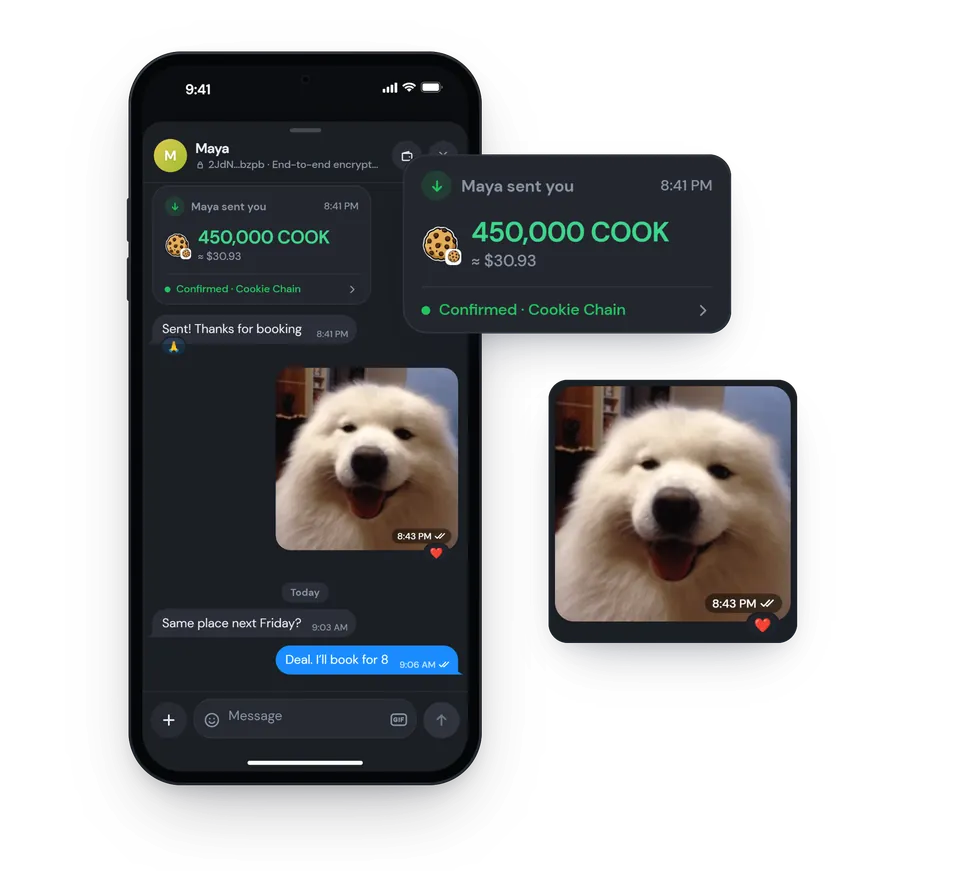A Morsel chat with Maya in dark mode: a 450,000 COOK payment and a GIF, lifted out of the thread