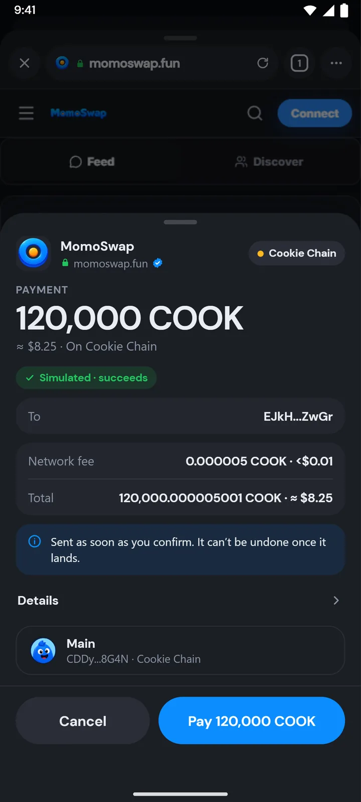 A MomoSwap payment of 120,000 COOK, simulated on Cookie Chain before approval
