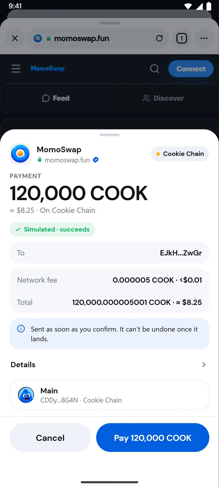 A payment request from an app, simulated before you approve it