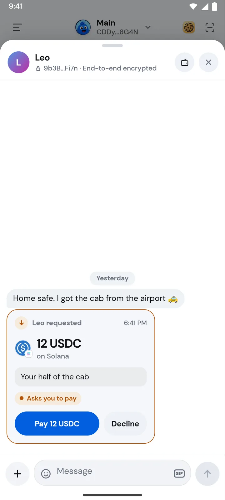 A payment request card inside a chat with a Pay button