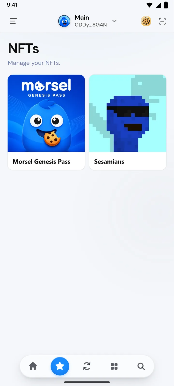 Collectibles grouped by collection on the Morsel home screen