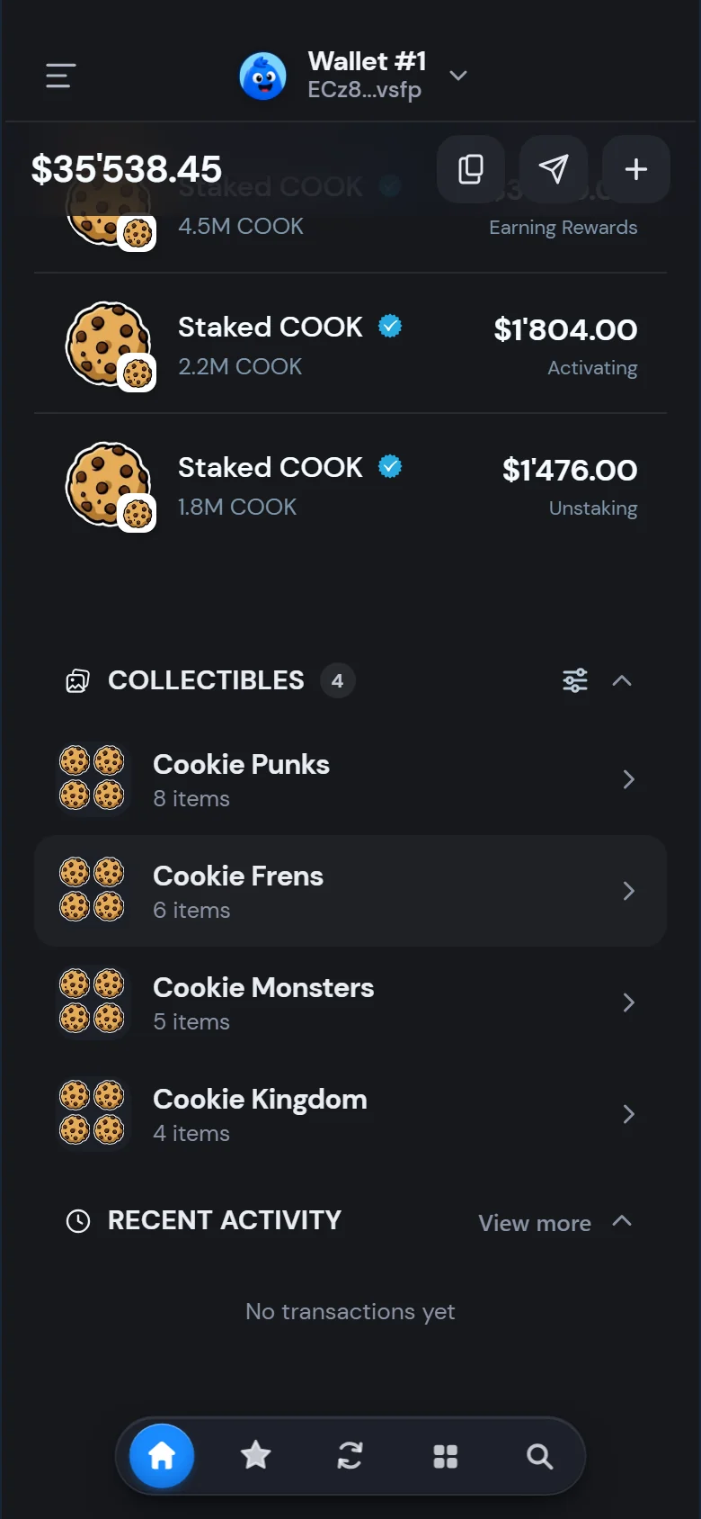 Staked COOK and NFT collections on the Morsel home screen