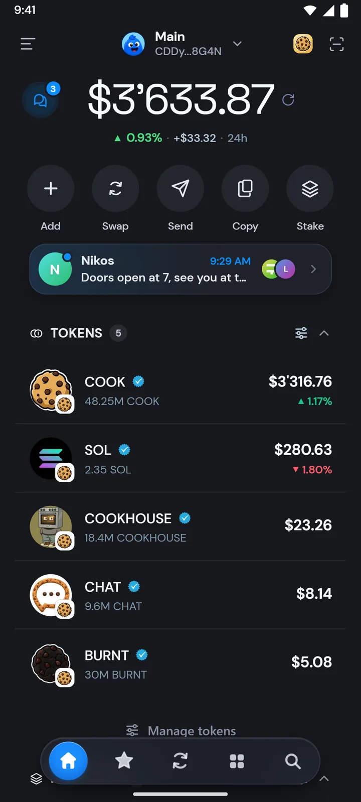 Wallet overview, dark in Morsel Wallet