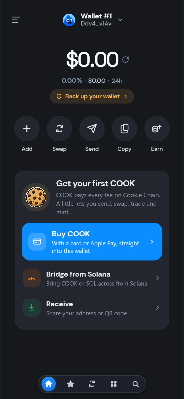 A brand new wallet showing how to get your first COOK