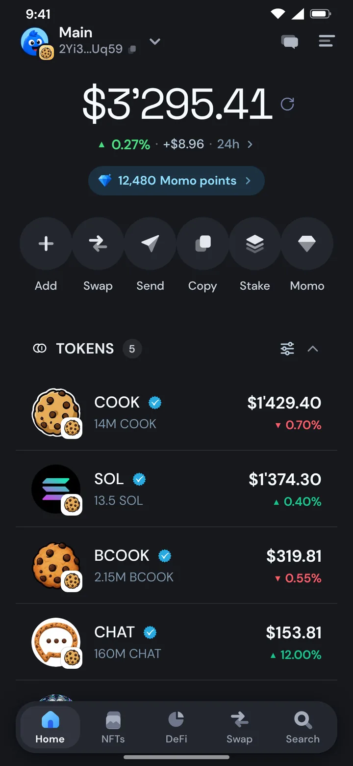 The Morsel wallet home on Cookie Chain with COOK and tokens, in dark mode