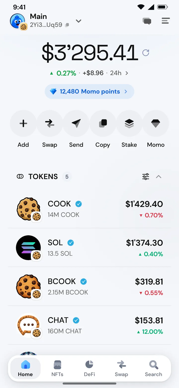 The Morsel wallet home on Cookie Chain with COOK and tokens, in light mode