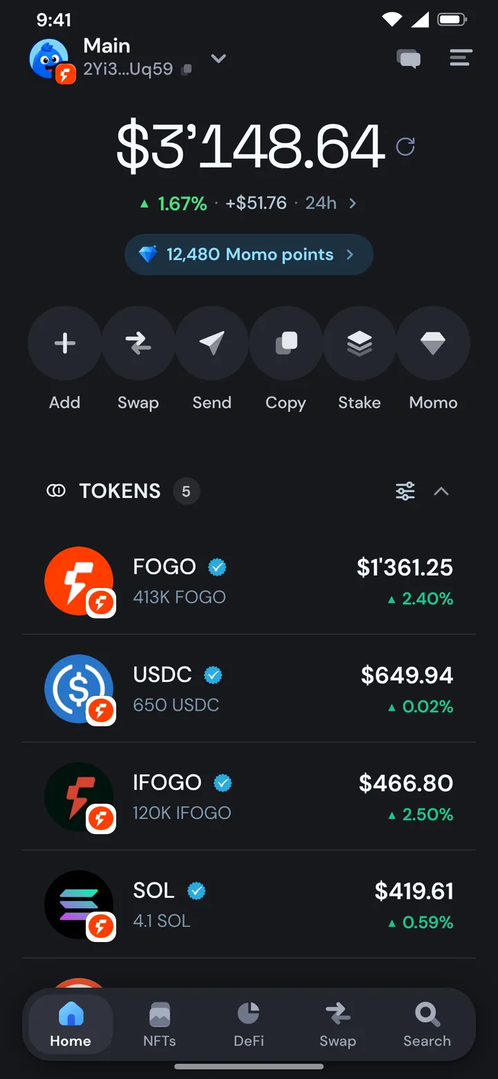 The Morsel wallet home on Fogo with FOGO and tokens, in dark mode