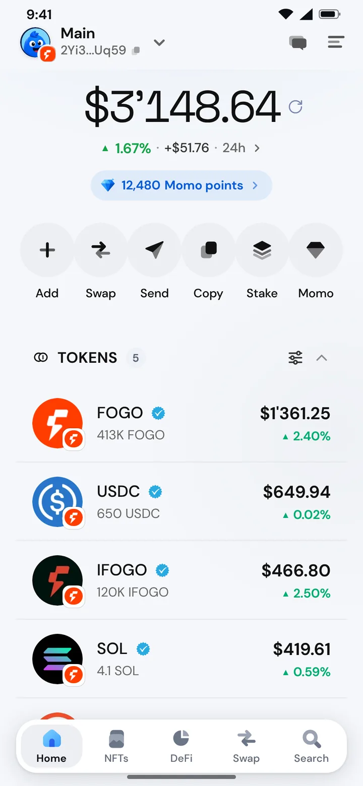 The Morsel wallet home on Fogo with FOGO and tokens, in light mode