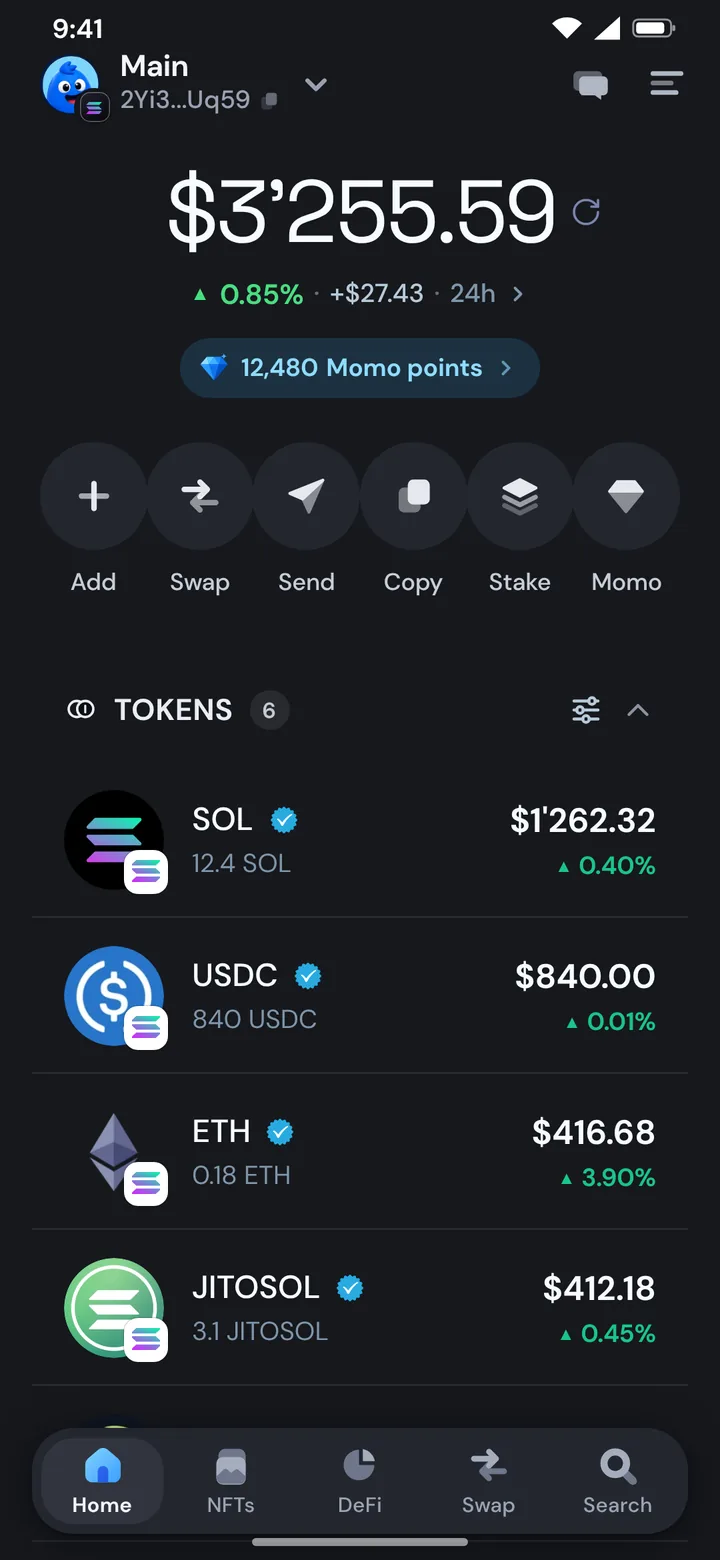 The Morsel wallet home on Solana with SOL and tokens, in dark mode
