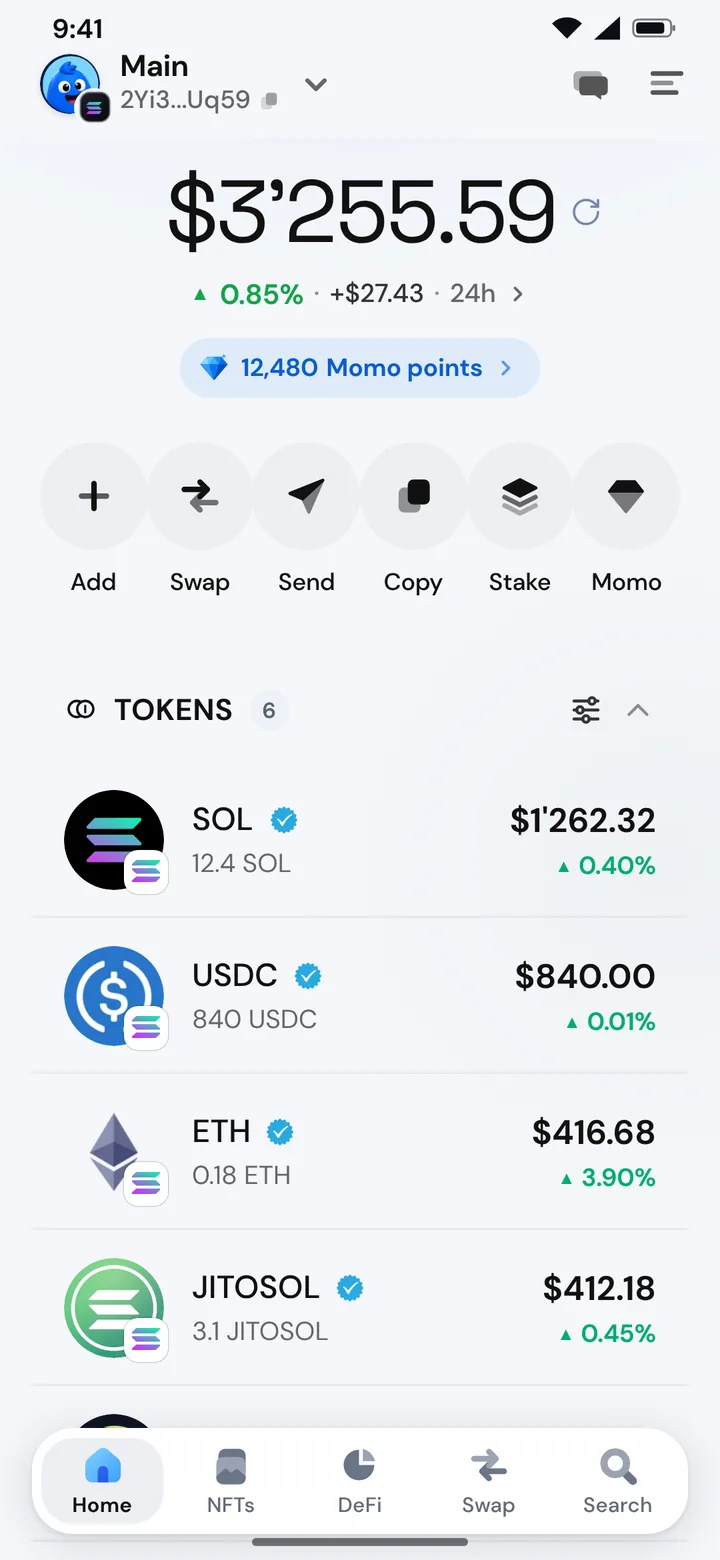 The Morsel wallet home on Solana with SOL and tokens, in light mode