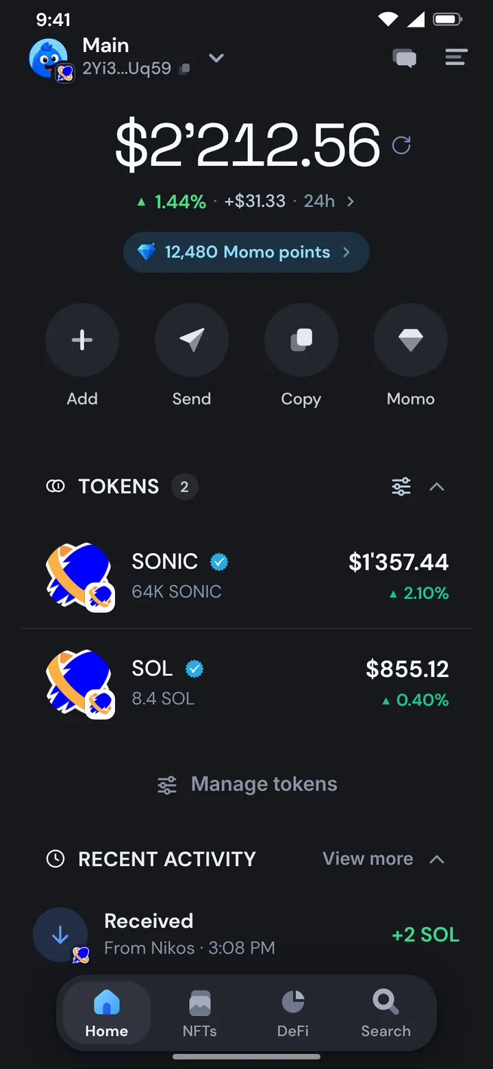 The Morsel wallet home on Sonic SVM with SOL and tokens, in dark mode