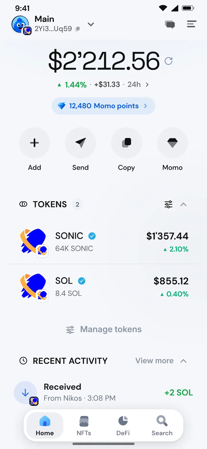 The Morsel wallet home on Sonic SVM with SOL and tokens, in light mode
