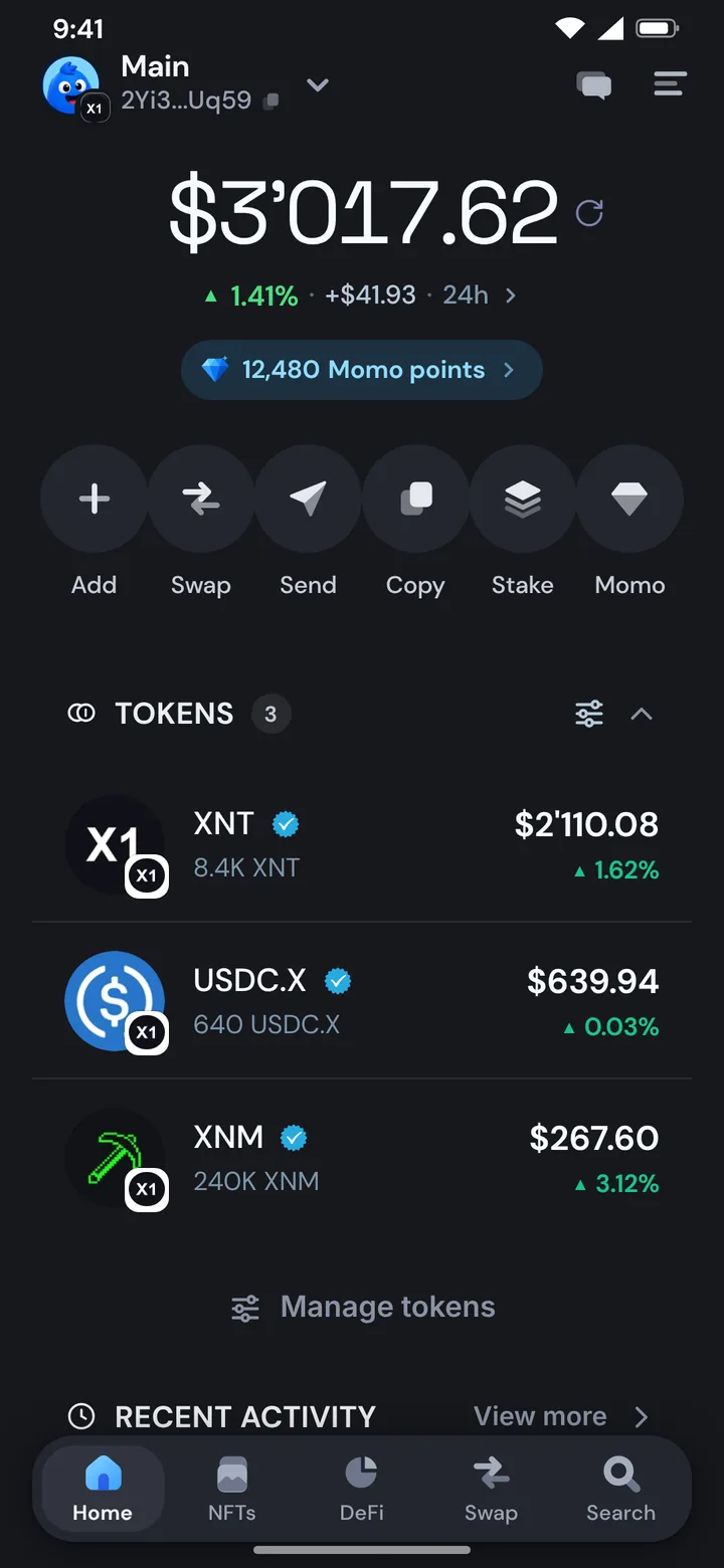 The Morsel wallet home on X1 with XNT and tokens, in dark mode