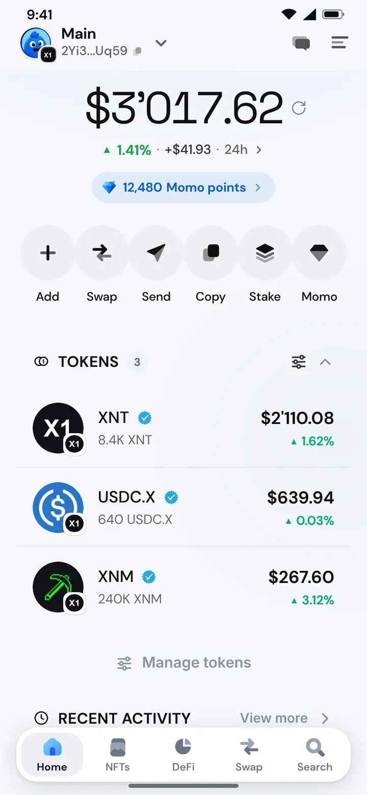 The Morsel wallet home on X1 with XNT and tokens, in light mode