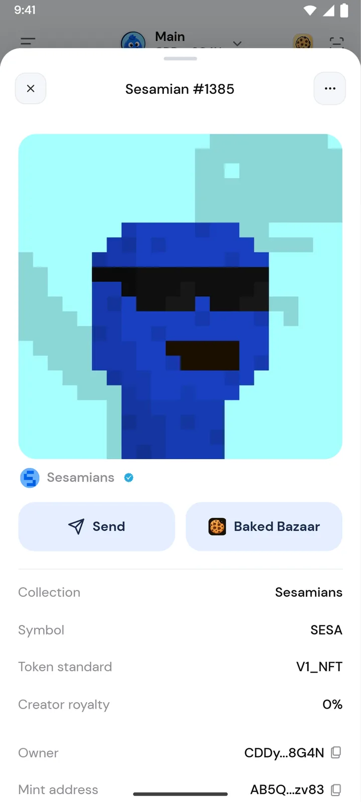 A Sesamian NFT page with Send and Baked Bazaar buttons
