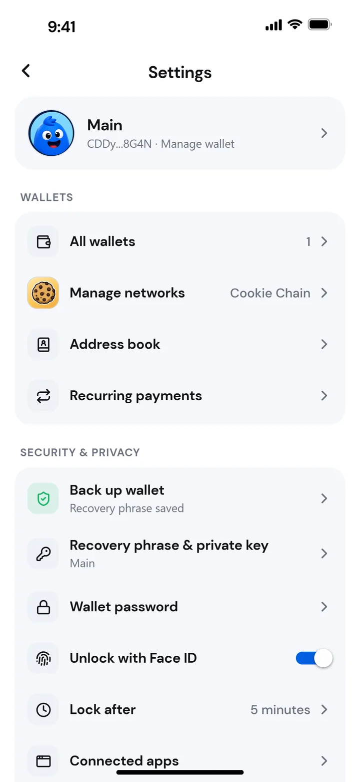 Settings with Back up wallet, Unlock with Face ID and Lock after 5 minutes