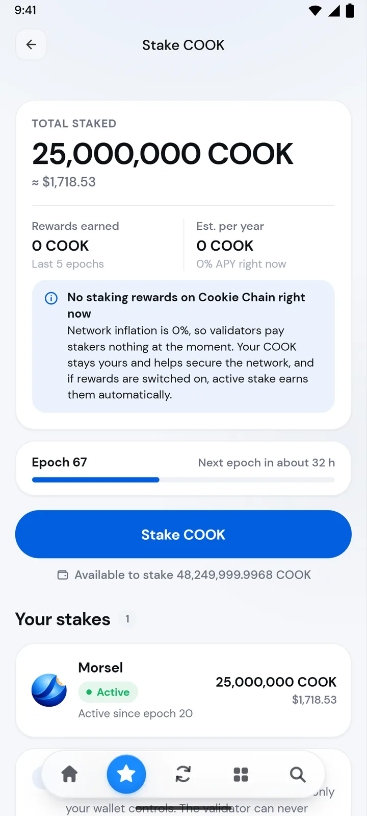 The staking page with your stakes and the current epoch