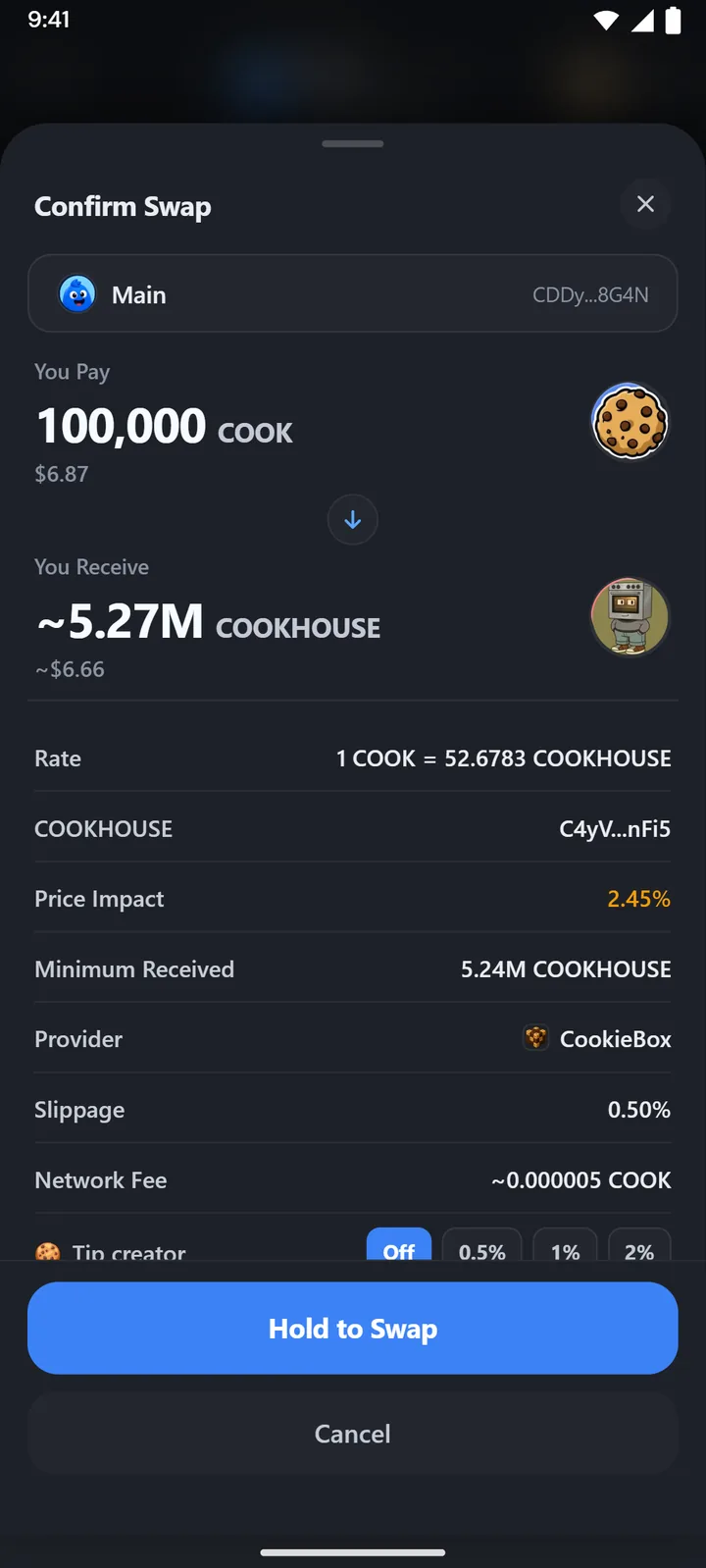 The swap review with provider, rate, price impact and minimum received
