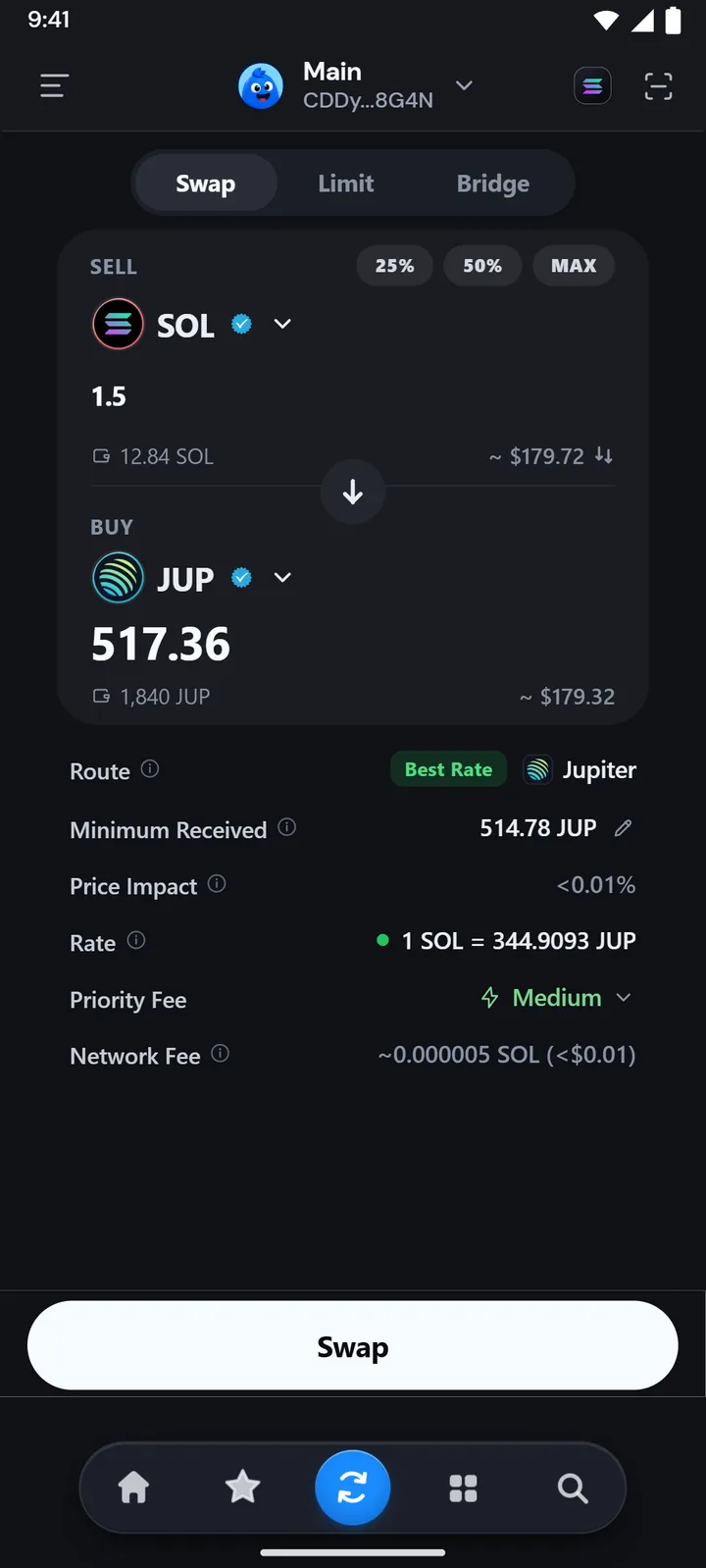 The Solana swap in dark mode
